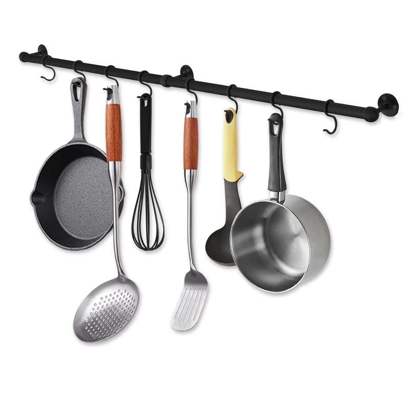 Rothley Stainless Steel 39.4 Inch Matt Black Industrial Pot Rack: Wall Mounted Hanging Pots and Pans Rack with Adjustable Hooks for Kitchen Cookware Storage