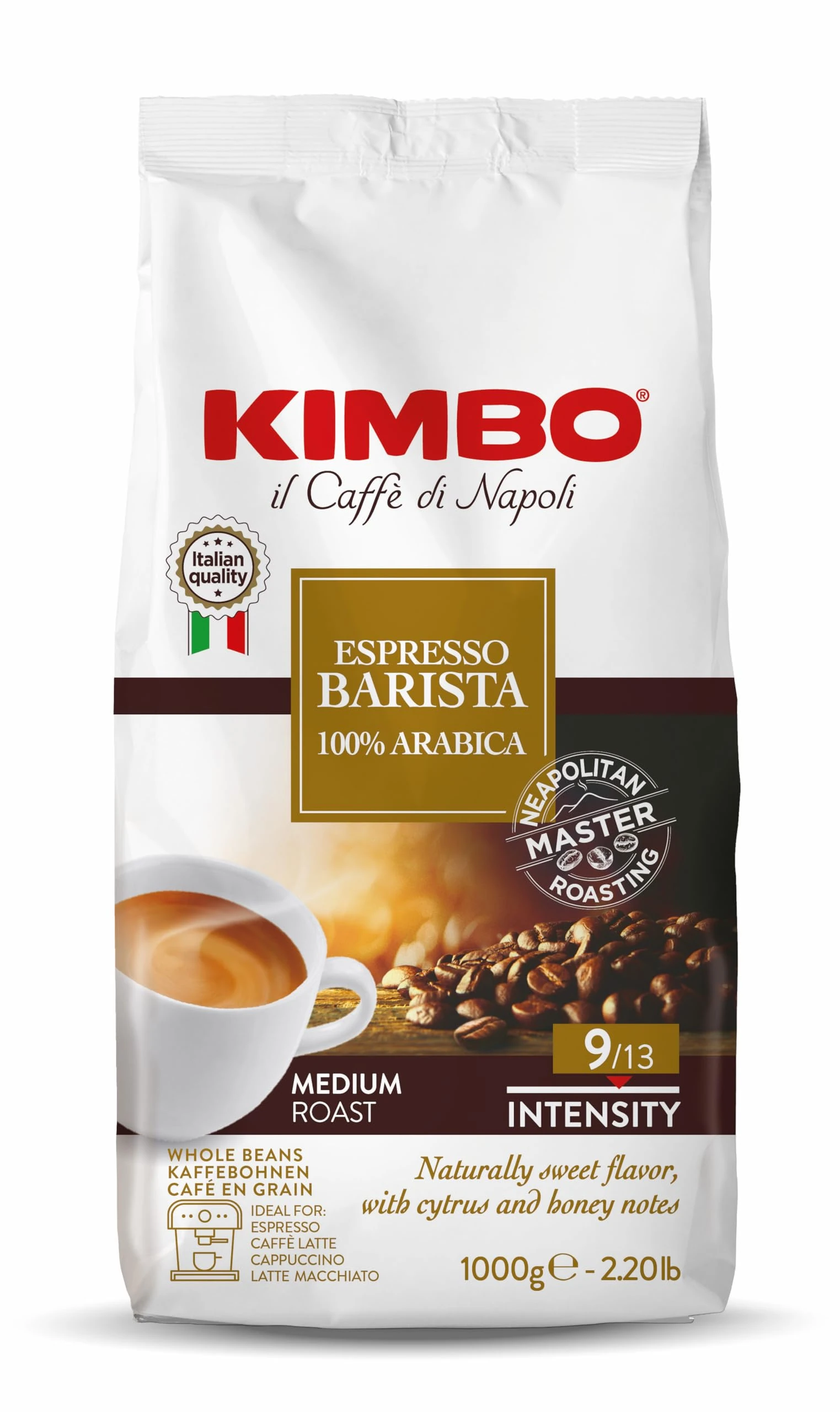 Kimbo Coffee, Espresso Barista, Italian Whole Coffee Beans, Medium Roast, 9/13, 6 x 1kg