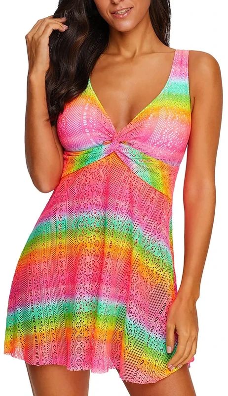 ECUPPER Womens One Piece Plus Size Swimdress Skirted Swimsuit Lace Swimwear Swimming Costume Dress with Briefs Pink 3XL