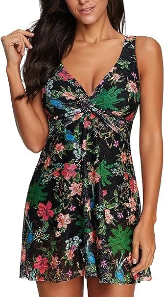 ECUPPER Womens Skirted Swimsuit One Piece Plus Size Swimdress Lace Swimwear Swimming Costume Dress with Briefs Floral 3XL