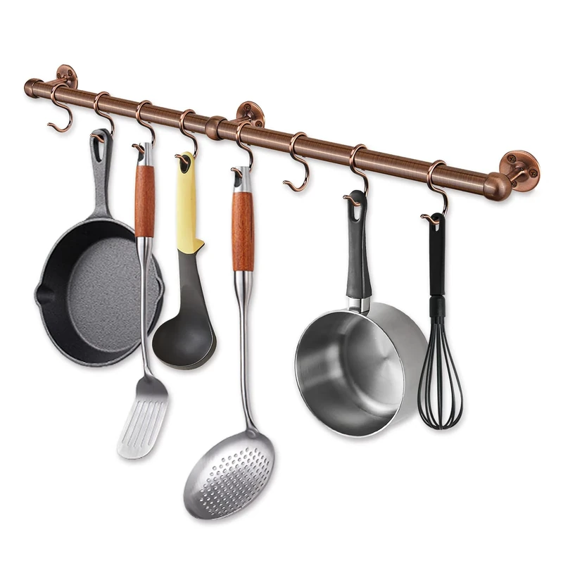 ROTHLEY Hanging Pot Rack Hanger: 23.7 Inch Stainless Steel Pot and Pan Hanger Pot Rack Wall Mounted Hanging Pots and Pans Rack Pot Hangers for Kitchen Wall Kitchen Rail with Hooks (Antique Copper)