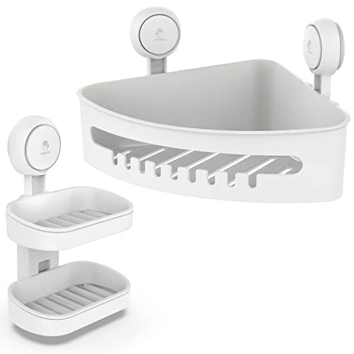 LEVERLOC Corner Shower Caddy & Soap Dish Suction Cup No Drilling Bathroom Organizer Max Load 10 KG Shower Basket Suction Container
