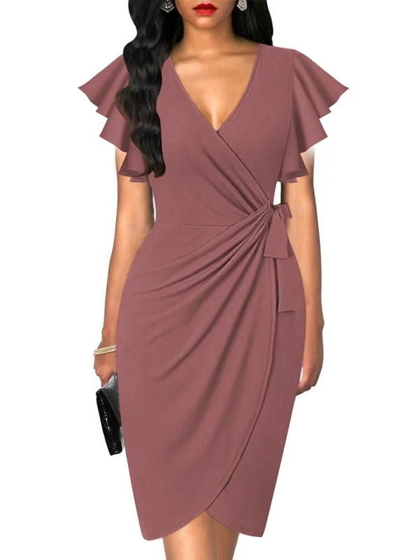 oten Womens Deep V Neck Ruffle Sleeve Sheath Casual Cocktail Party Work Faux Wrap Dress, Pinkish Brown, XL