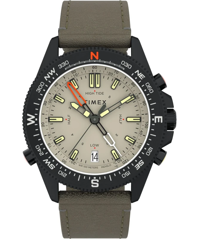 Timex Men's Expedition North 43 mm Watch - Green Leather - Ecco DriTan™ Two-Piece Quick Release Strap Beige Dial IP Black Case TW2V21800