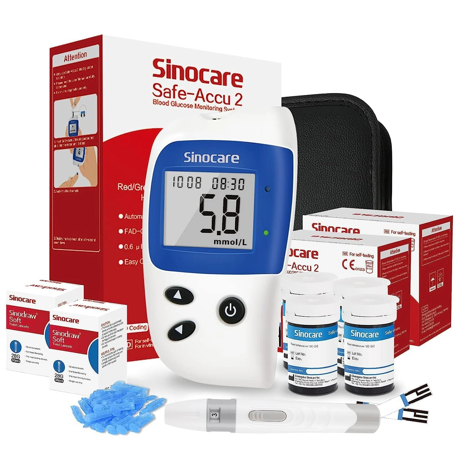 sinocare Diabetes Testing Kit/Blood Sugar Monitor Safe-Accu2 /Blood Glucose Monitor with Light Warning, with Strips x 100 & Lancing Devices x 100 & Case for UK Diabetics -in mmol/L