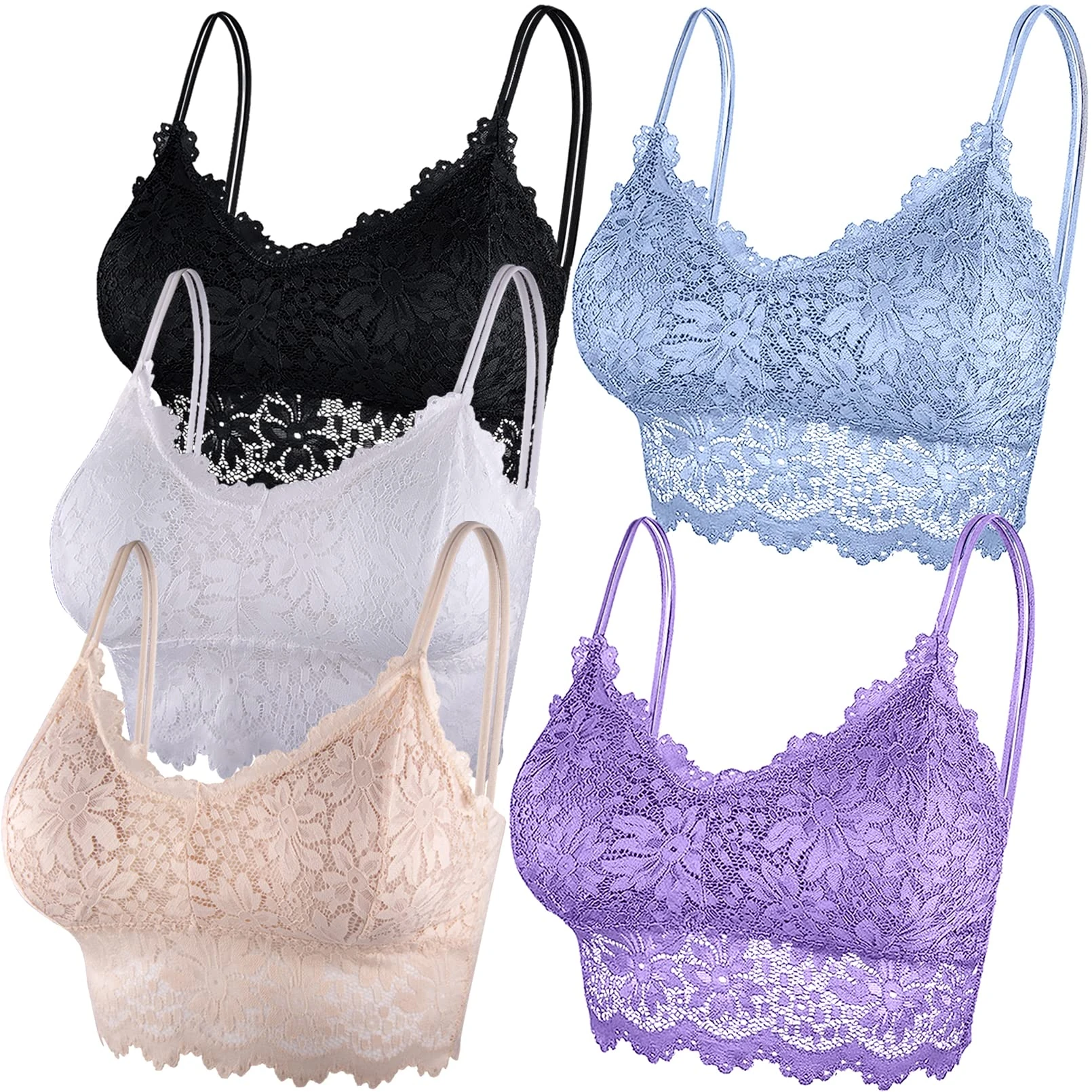 Duufin 5 Pcs Lace Bralettes Women's Lace Bra with Straps and Removable Pads, White, Black, Beige, Sky Blue, Lavender, S-M