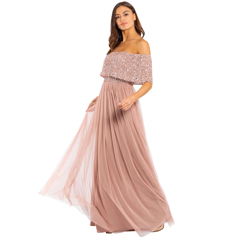 Maya Deluxe Women's Ladies Bardot Dress Maxi Embellished Hight Empire Waist Sleeveless Tulle for Wedding Guest Prom Graduation Bridesmaid, Mauve, 22