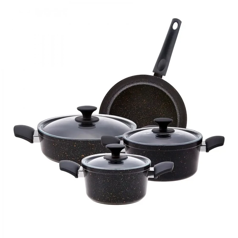 Karaca 7-Piece BlackGold Cookware Set - Non-Stick Pots and Pans Set, 3 Biogranite Pots with 3 Glass Lids & 1 Granite Frying Pan, PFOA Free, Dishwasher-Safe