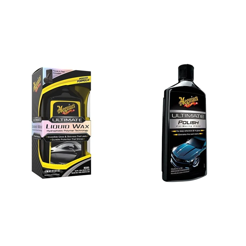 Meguiar's G210516EU Ultimate Liquid Wax 473ml, Incredible Gloss & Slickness That Lasts & G19216EU Ultimate Car Polish Pre-Waxing Glaze 473ml