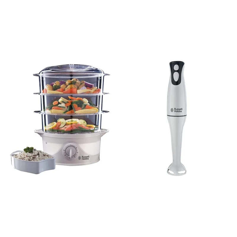 Russell Hobbs 21140 3-Tier Food Steamer, 800 W, 9 Litre, White & 22241 Food Collection Hand Blender, 200 W - White