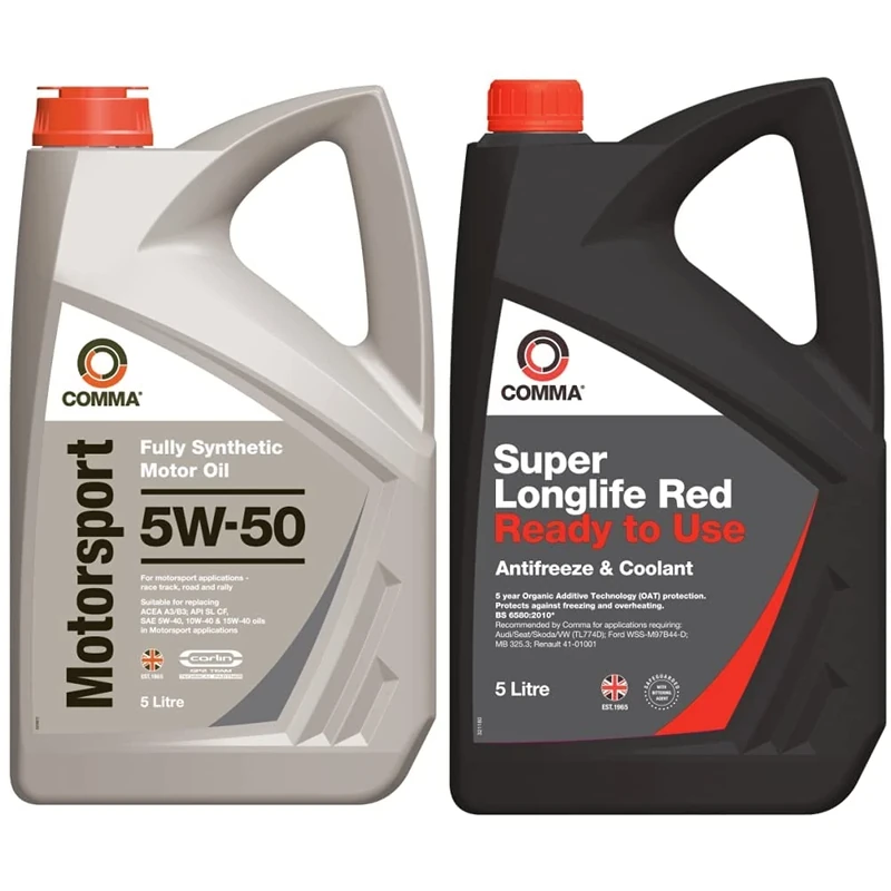 Comma MS5L 5L Motorsport Fully Synthetic 5W50 Motor Oil & SLC5L Super Red Ready to Use Antifreeze and Coolant, 5 Litre