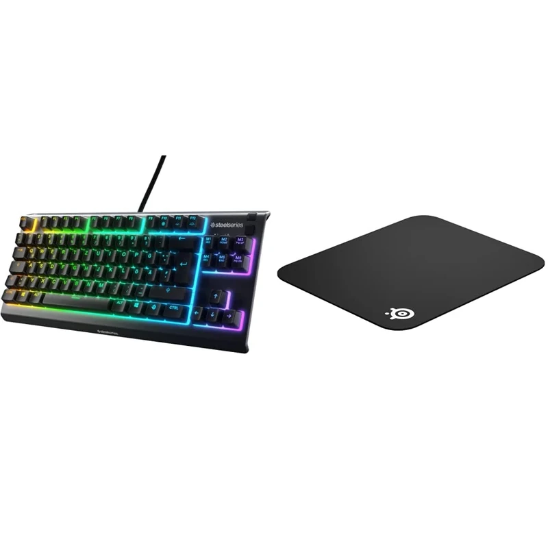 SteelSeries Apex 3 TKL - RGB Gaming Keyboard - Tenkeyless Compact Esports Form Factor QcK Mini Cloth Gaming Mouse Pad - Micro-Woven Surface - Optimized For Gaming Sensors - Black