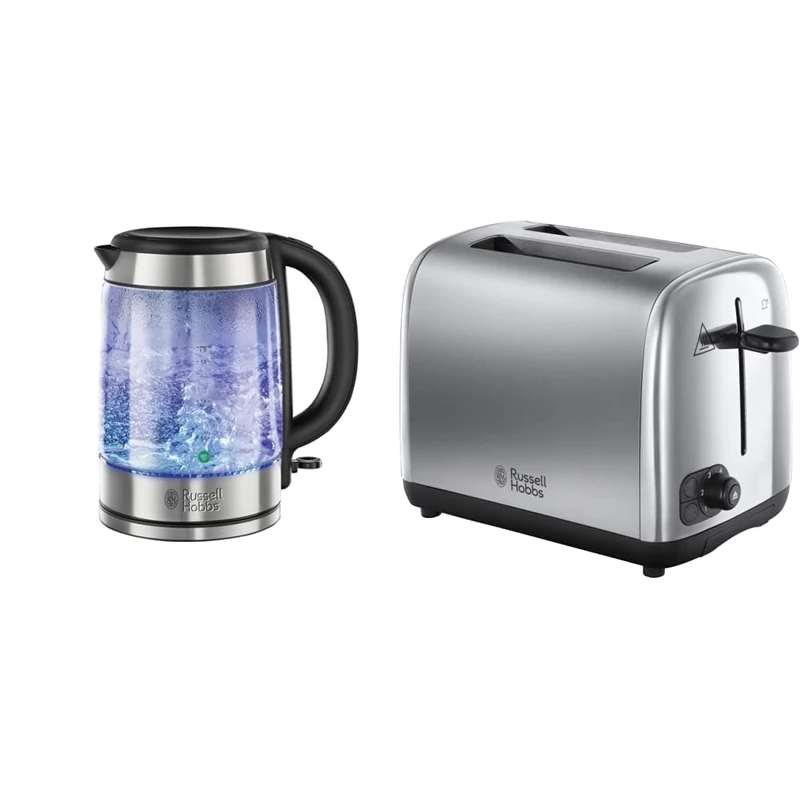Russell Hobbs 21600-10 Illuminating Glass Kettle, Black, 1.7 Litre, 3000 Watt & 24080 Adventure Two Slice Toaster, Stainless Steel, 2 Slice, Brushed and Polished