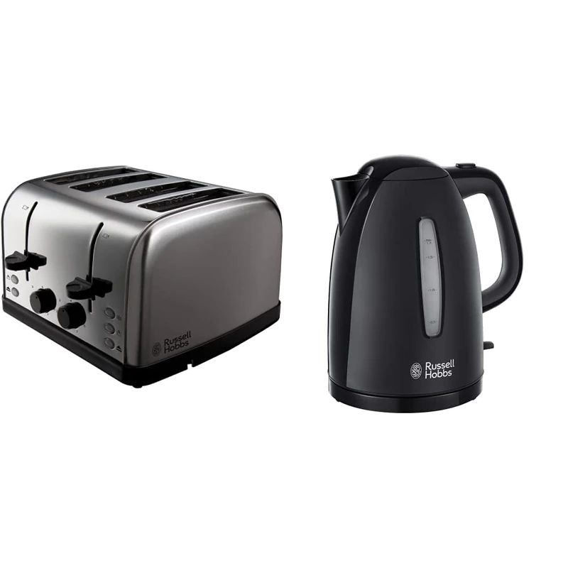Russell Hobbs 18790 Futura 4-Slice Toaster, 1500 W, Stainless Steel Silver, Four Slice & Textures Plastic Kettle 21271, 1.7 L, 3000 W - Black