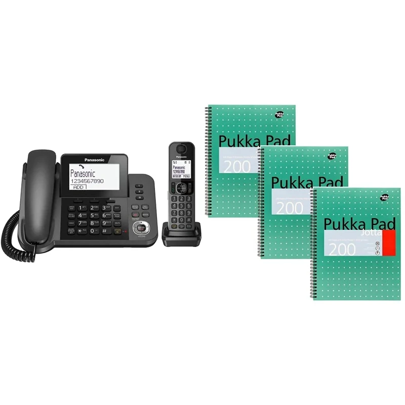 Panasonic KX-TGF320 Corded and Cordless Home office Telephone Kit with Answerphone and Nuisance Call Blocker - Black & Pukka Pads A4 Metallic Jotta Wirebound Notebook (Pack of 3), White