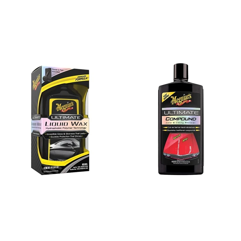Meguiar's G210516EU Ultimate Liquid Wax 473ml, Incredible Gloss & Slickness That Lasts & G17216EU Ultimate Compound Colour & Clarity Restorer 450ml for hand or machine polisher application
