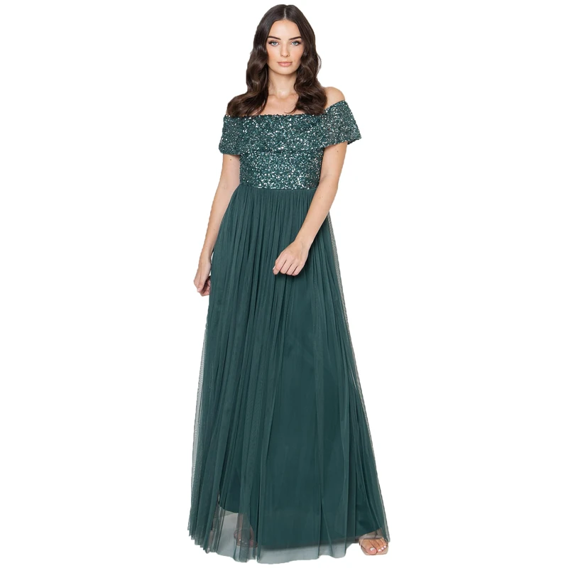 Maya Deluxe Women's A-Line Bridesmaid Dress, Maxi, Sequin Embellished, Emerald Green, 16