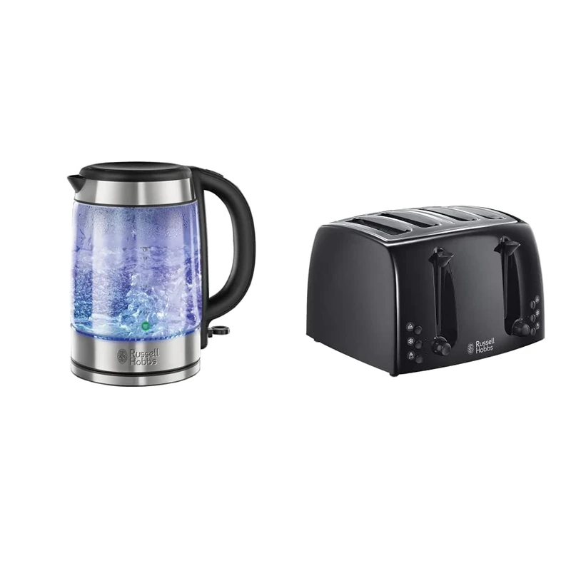 Russell Hobbs 21600-10 Illuminating Glass Kettle, Black, 1.7 Litre, 3000 Watt & 21651 Textures 4-Slice Toaster 21651-Black, Plastic, Black