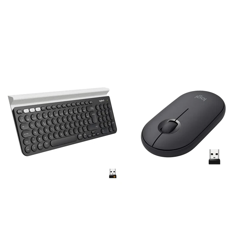 Logitech K780 Multi-Device Wireless Keyboard - Dark Grey/White & Pebble Wireless Mouse, Bluetooth or 2.4 GHz with USB Mini-Receiver, Silent, Slim Computer Mouse with Quiet Click - Graphite/Black