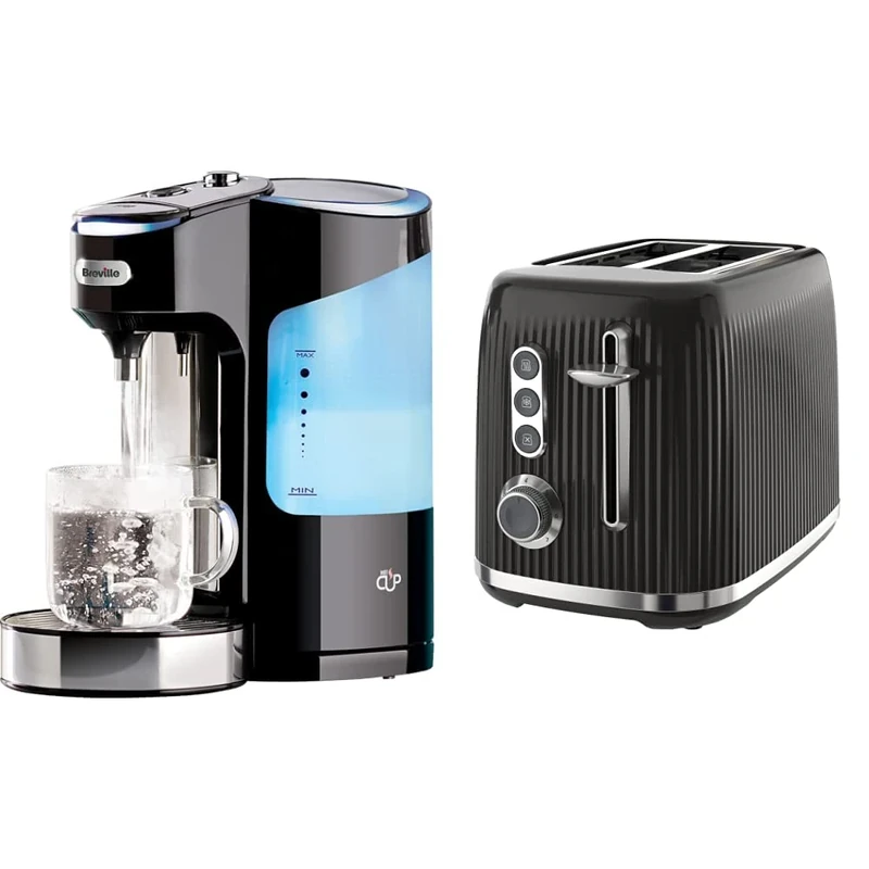 Breville HotCup Hot Water Dispenser with 3 KW Fast Boil and Variable Dispense, 2.0 Litre, Gloss Black [VKJ318] & Bold Black 2-Slice Toaster [VTR001]