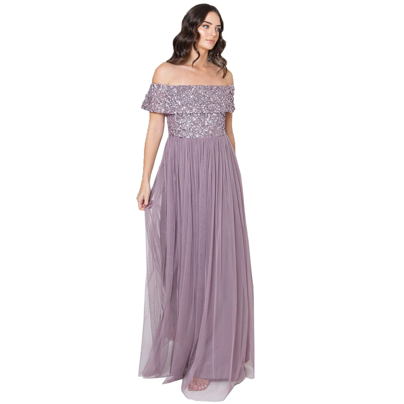 Maya Deluxe Women's Ladies Bardot Dress Maxi Embellished Hight Empire Waist Sleeveless Tulle for Wedding Guest Prom Graduation Bridesmaid, Moody Lilac, 18