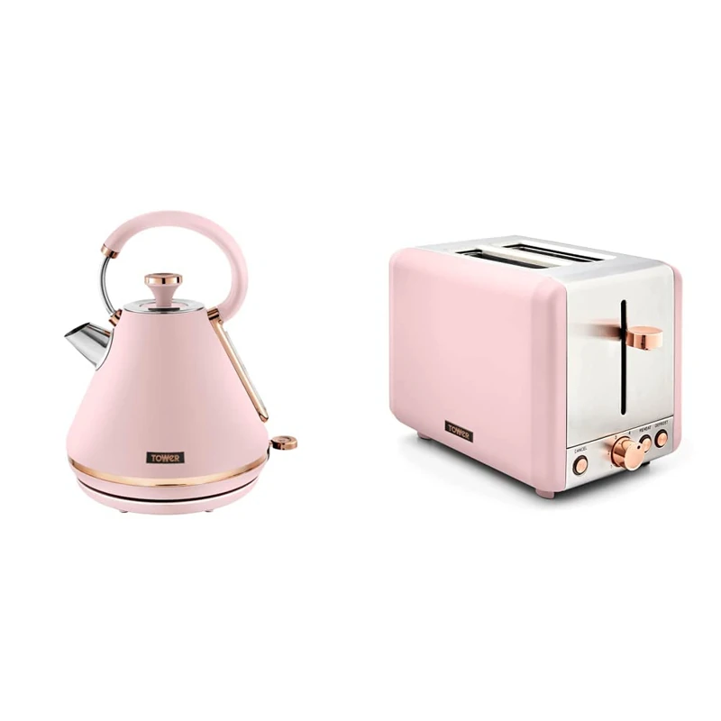 Tower T10044PNK Cavaletto 1.7 Litre Pyramid Kettle with Rapid Boil, Marshmallow Pink and Rose Gold & T20036PNK Cavaletto 2-Slice Toaster with Defrost/Reheat, Marshmallow Pink and Rose Gold