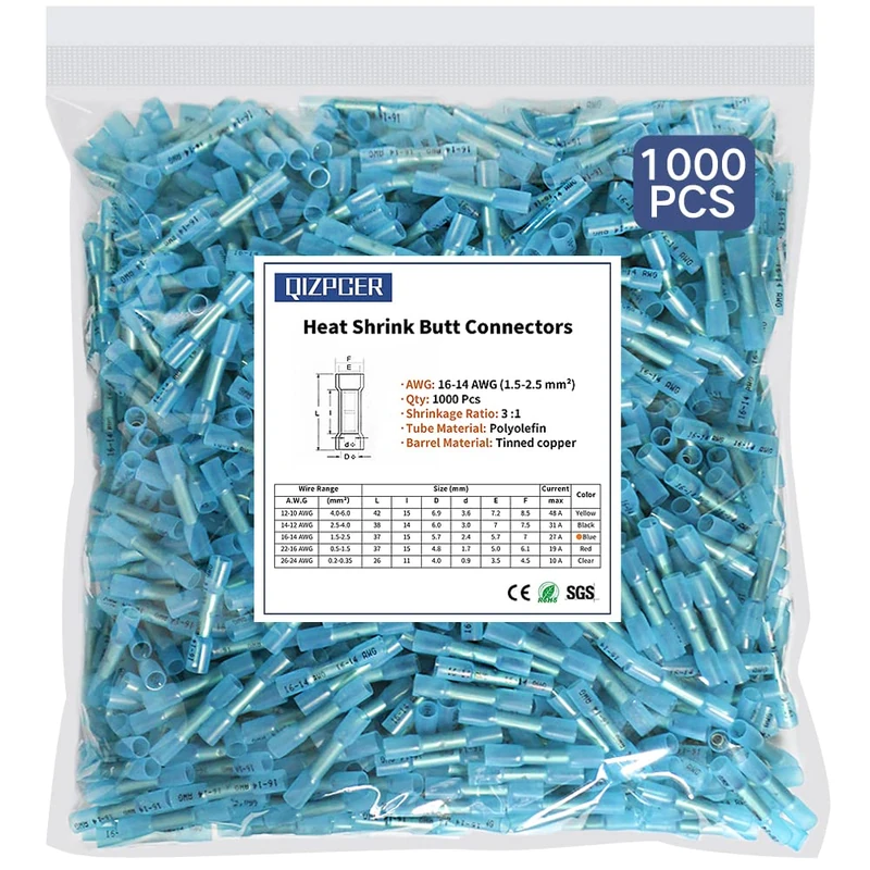 1000 Pcs Blue Heat Shrink Butt Connectors, 16-14 AWG Waterproof Electrical Crimp Wire Splice for Marine, Cable, Wiring