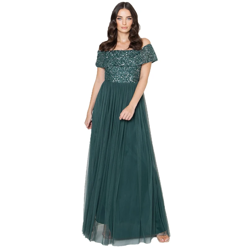 Maya Deluxe Women's Ladies Bardot Dress Maxi Embellished Hight Empire Waist Sleeveless Tulle for Wedding Guest Prom Graduation Bridesmaid, Emerald Green, 22
