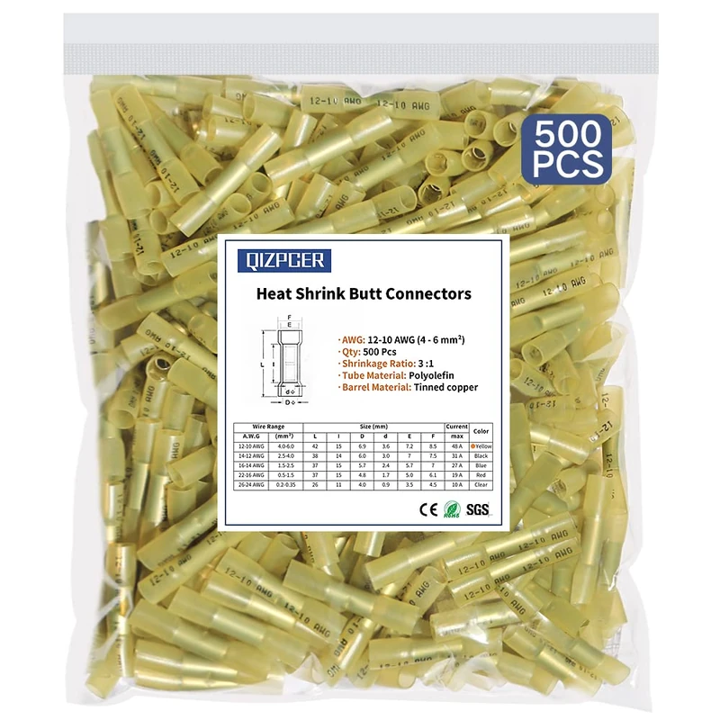 500 Pcs Yellow Heat Shrink Butt Connectors, 12-10 AWG Waterproof Crimp Terminals Electrical Wire Connectors Splice for Marine, Cable, Wiring