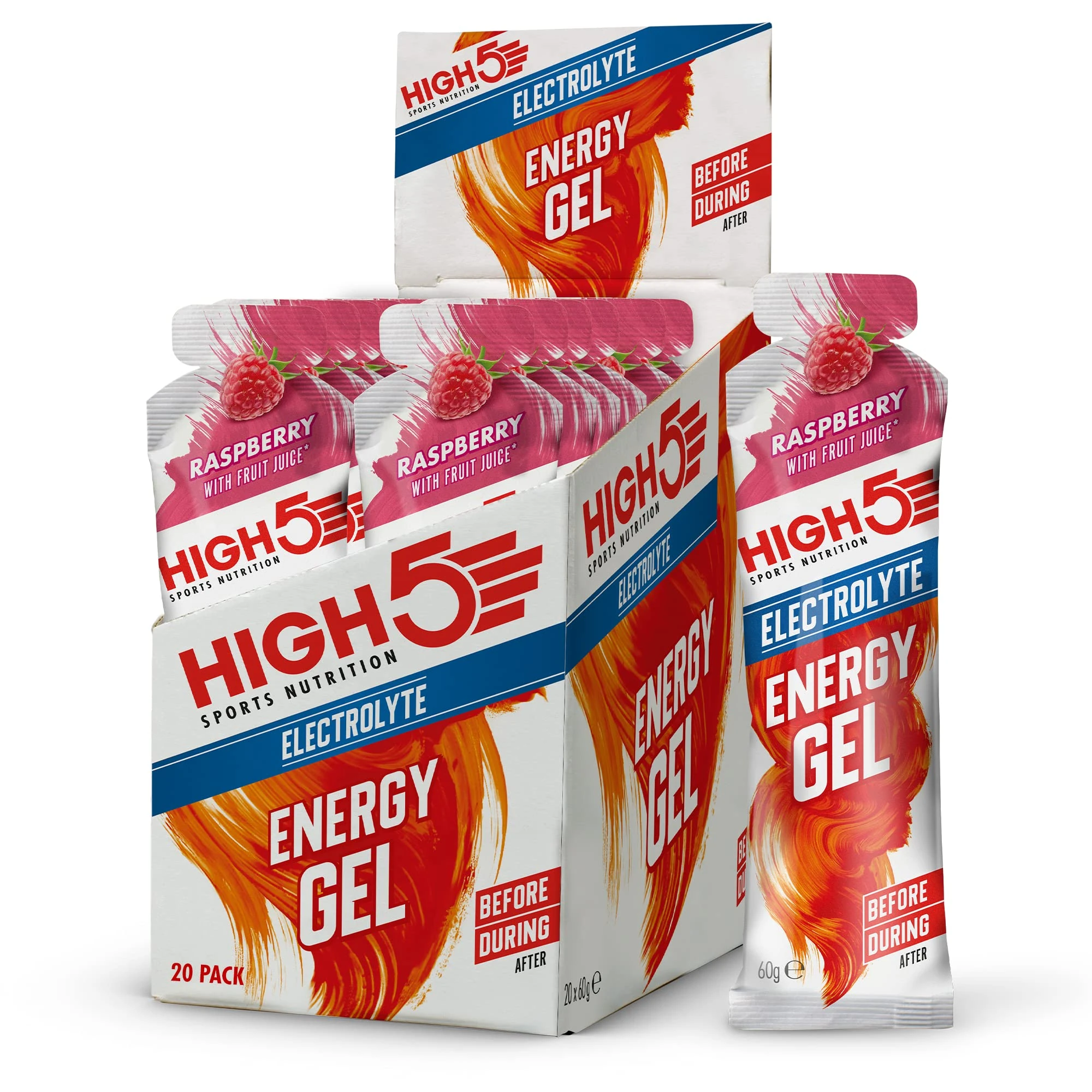 HIGH5 Energy Gels with Electrolytes - Quick Release Sports Gels for Peak Performance - Natural Fruit Juice & Caffeine-Free - Energy Boost for Running, Cycling, Endurance (Raspberry, 20 x 60g)