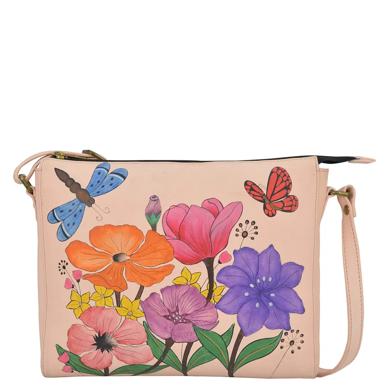 Anna by Anuschka Women's Hand-Painted Leather Slim Medium Crossbody-Dragonfly Garden, One Size