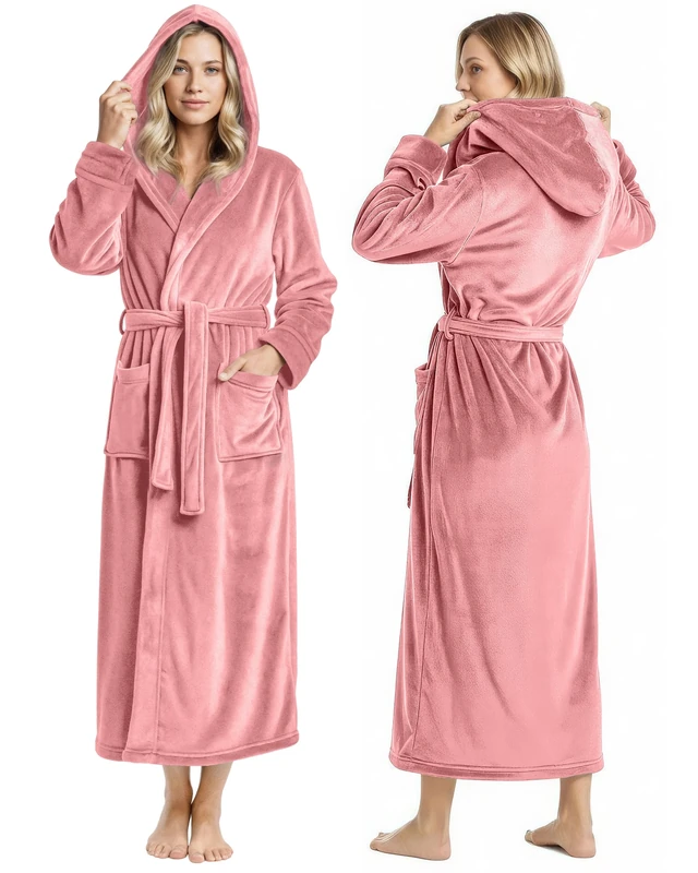 NY Threads Women Fleece Hooded Bathrobe - Plush Long Robe, Coral, Large