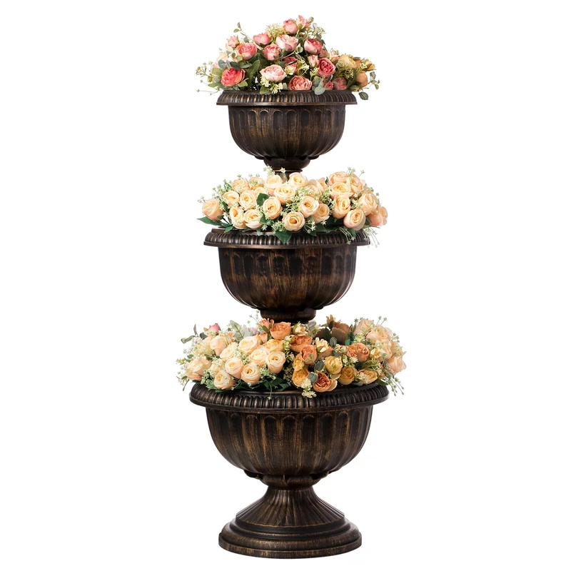 Gardenised Outdoor Garden Triple Stacked Flower Bowl Urn Tier Planter Decoration, Bronze