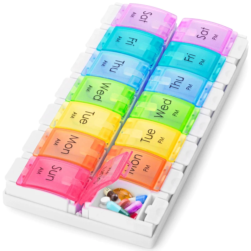 Boxsik Pill Box Organiser (Rainbow), 7-Day 2 Times a Day Medicine Storage Case w/Spring Opening & Detachable Compartments, Weekly Tablet Pills Container for Vitamins, Supplements & Travel Medication