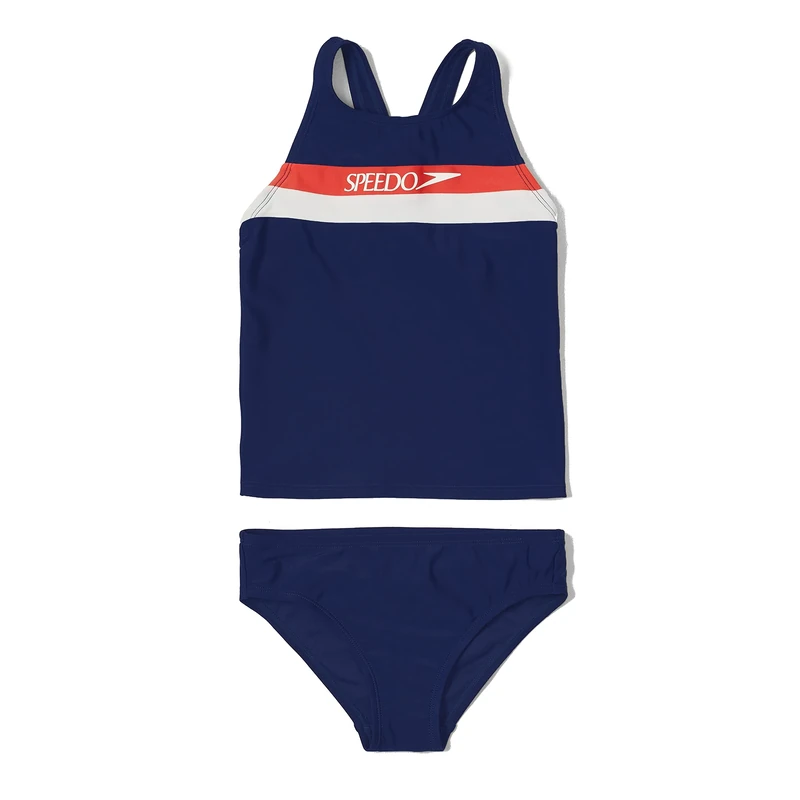 Speedo Girls' Swimsuit Two Piece Tankini Thick Strap Set, Red/White/Blue, 5 UK