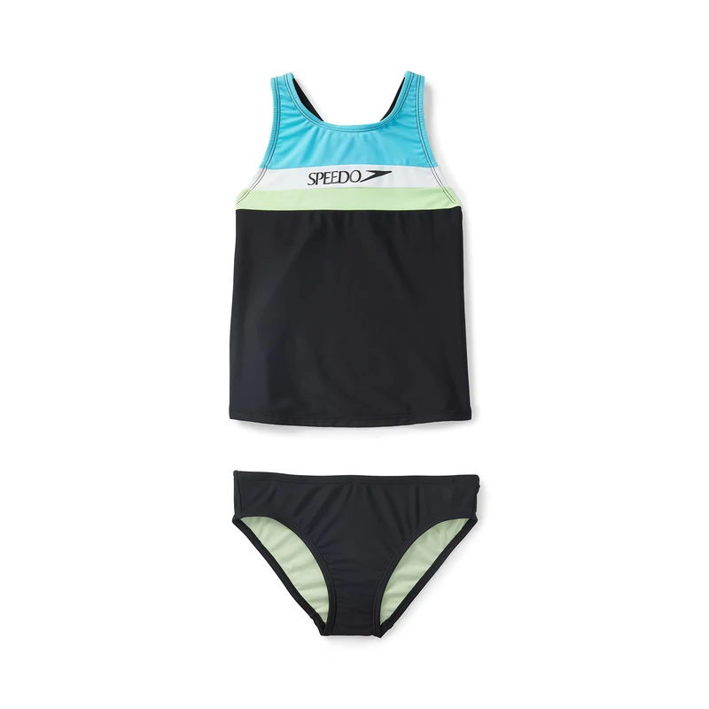 Speedo Girls' Swimsuit Two Piece Tankini Thick Strap Set, Anthracite, 5 UK