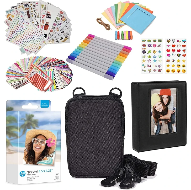 HP Sprocket 3.5 x 4.25” Zink Photo Paper - Kit: 50 Pack Zink Paper, Case, Photo Album, Markers, Sticker Sets