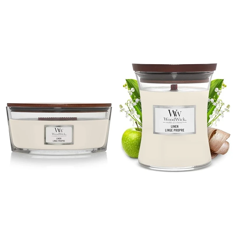 WoodWick Scented Candle, Linen Ellipse Candle, with Crackling Wick, Burn Time: Up to 50 Hours & WoodWick Scented Candle, Linen Medium Hourglass Candle, with Crackling Wick, Burn Tim