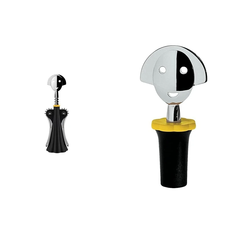 Alessi A di Alessi | AAM01B Anna G. Design Corkscrew, Resin and Chrome Zamak, Black & AAM06 B Anna Stop 2 Press Cap, Black