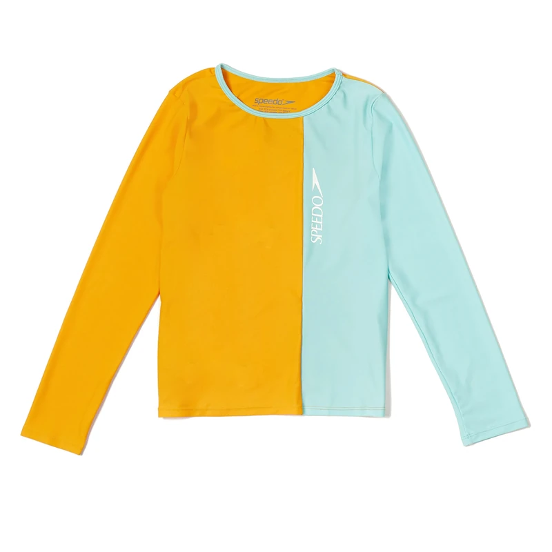Speedo Girls' Uv Swim Shirt Long Sleeve Rashguard, Block Aqua Splash, Medium
