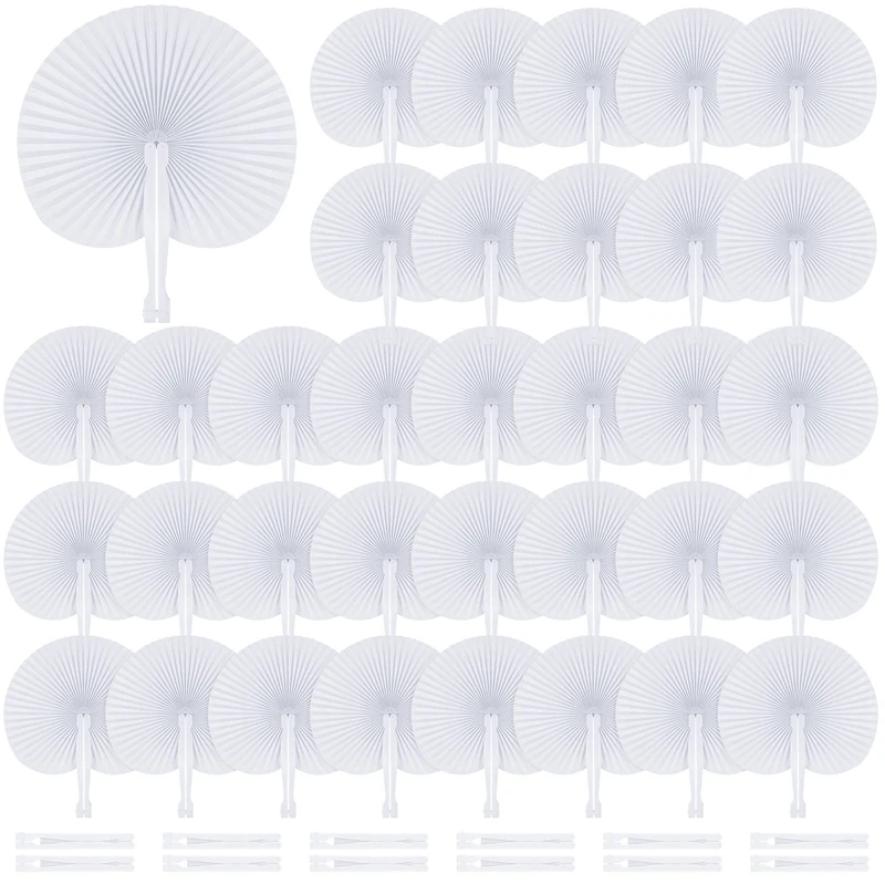 MCEAST 100 Pieces White Party Paper Fans Decorations Folding Fan Handheld Fan Round Shaped Paper Fans with Handle Hand Fans for Wedding Birthday Party Favors