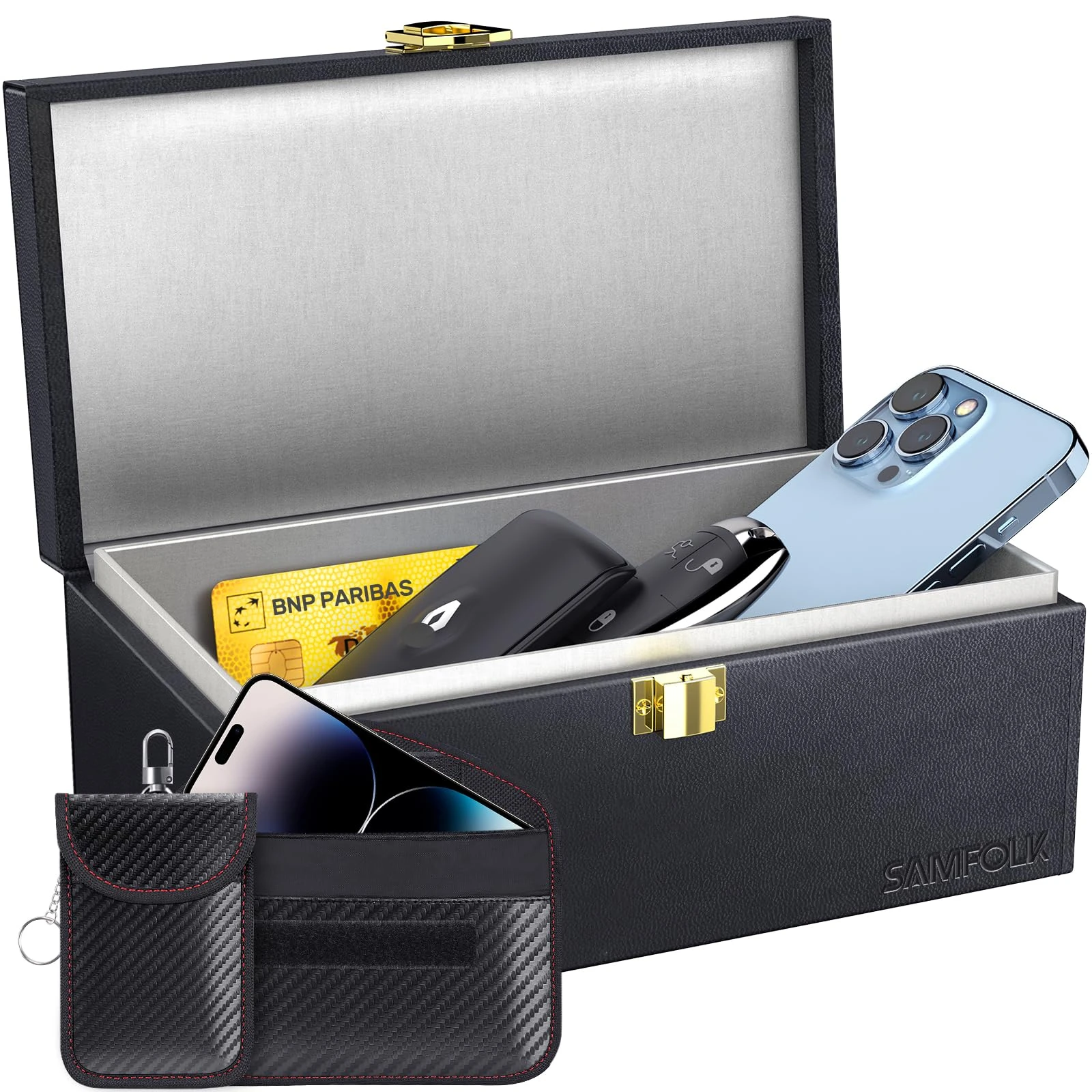 Samfolk Faraday Box and Pouch 2 Pack, 8.6 x 5.1x 4.1 inches Faraday Box for Car Keys, Keyless Entry Car Key Safe Protector, Anti-Theft Signal Blocking Cages