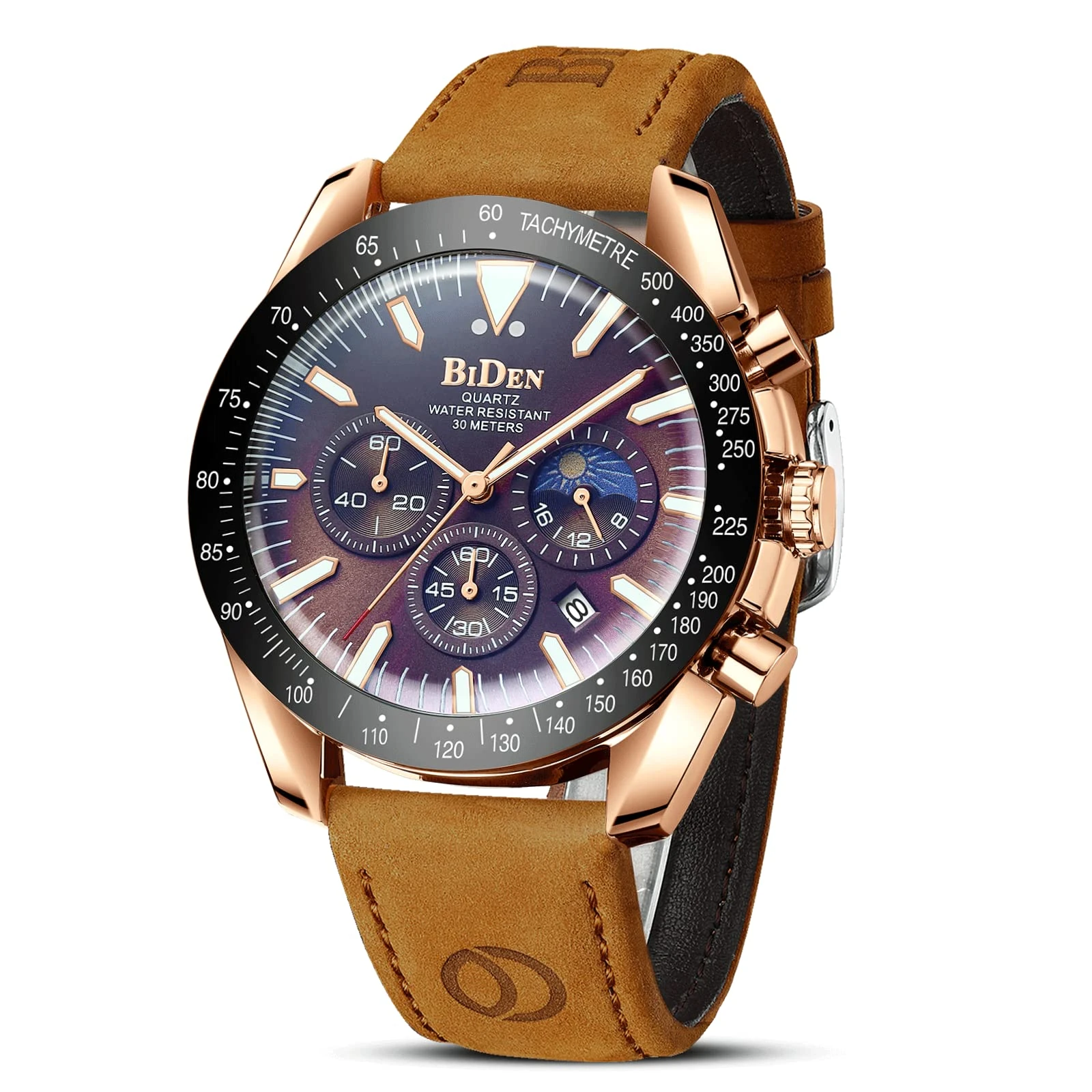 HANPOSH Mens Watches Chronograph Watches for Men Analog Quartz Watch Stainless Steel Waterproof Men's Wristwatches Fashion Business Casual Watch with Date Luminous Moon Phase