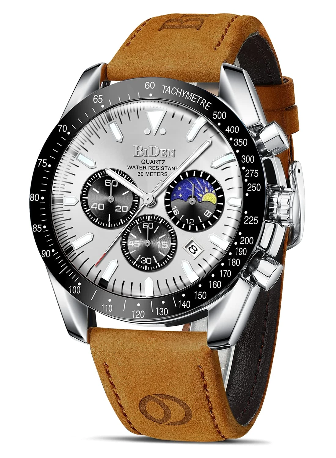 HANPOSH Mens Watches Chronograph Analog Quartz Stainless Steel Waterproof Fashion Business Casual Men's Wrist Watches with Date Luminous Moon Phase