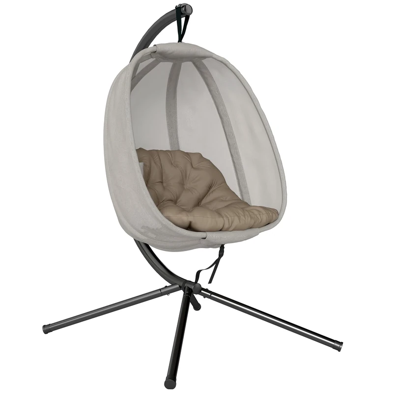 Outsunny Hanging Egg Chair, Folding Texteline Swing Hammock with Side Pocket, Cushion and Stand for Indoor Outdoor, Patio Garden Furniture, Khaki