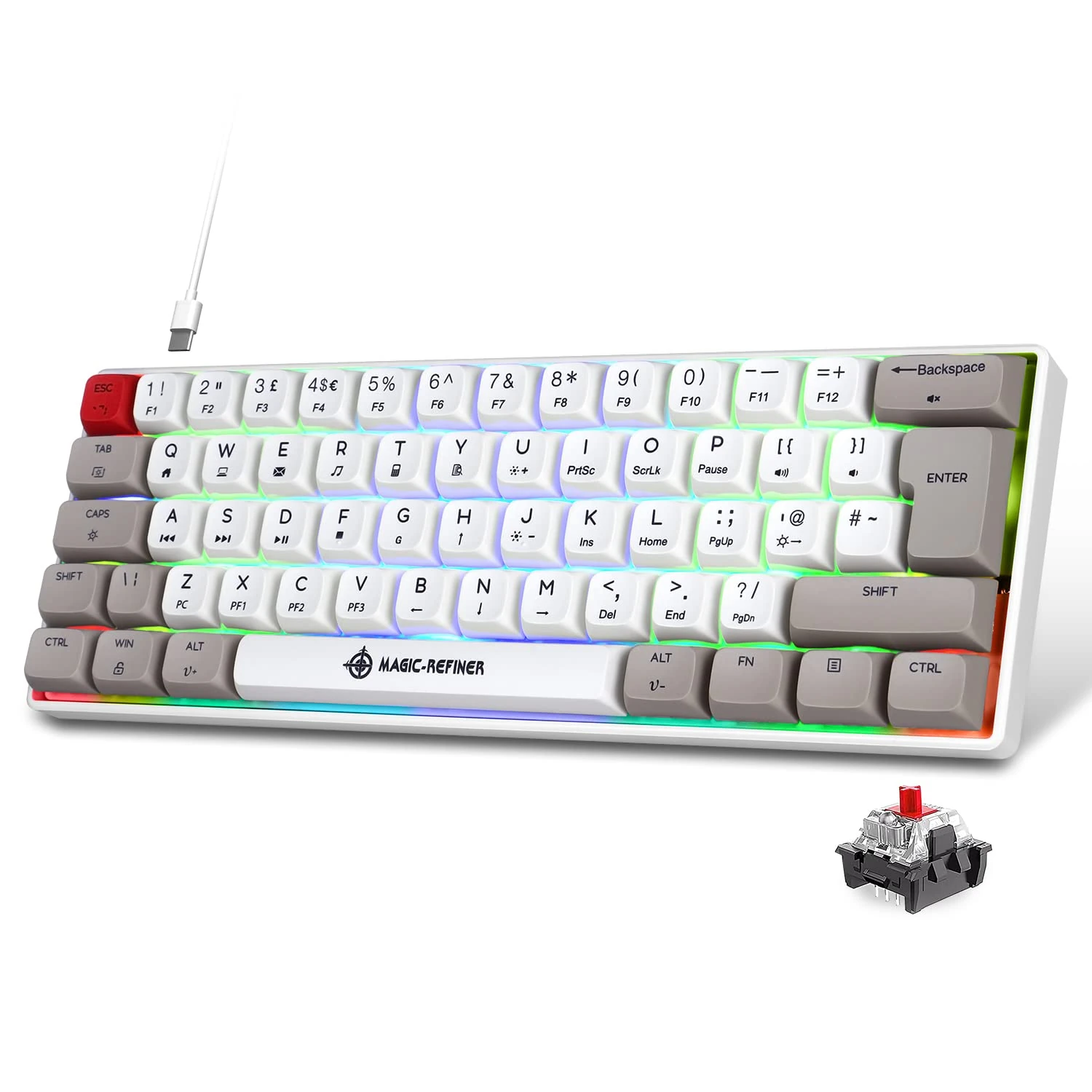 MAGIC-REFINER MK21 60% Percent Mechanical Keyboard UK Layout Compact 62 Key Mechanical Gaming Keyboard Light up RGB Backlit USB C Gaming keyboard Compatible with PC, Laptop, PS4, PS5 - Red Switch