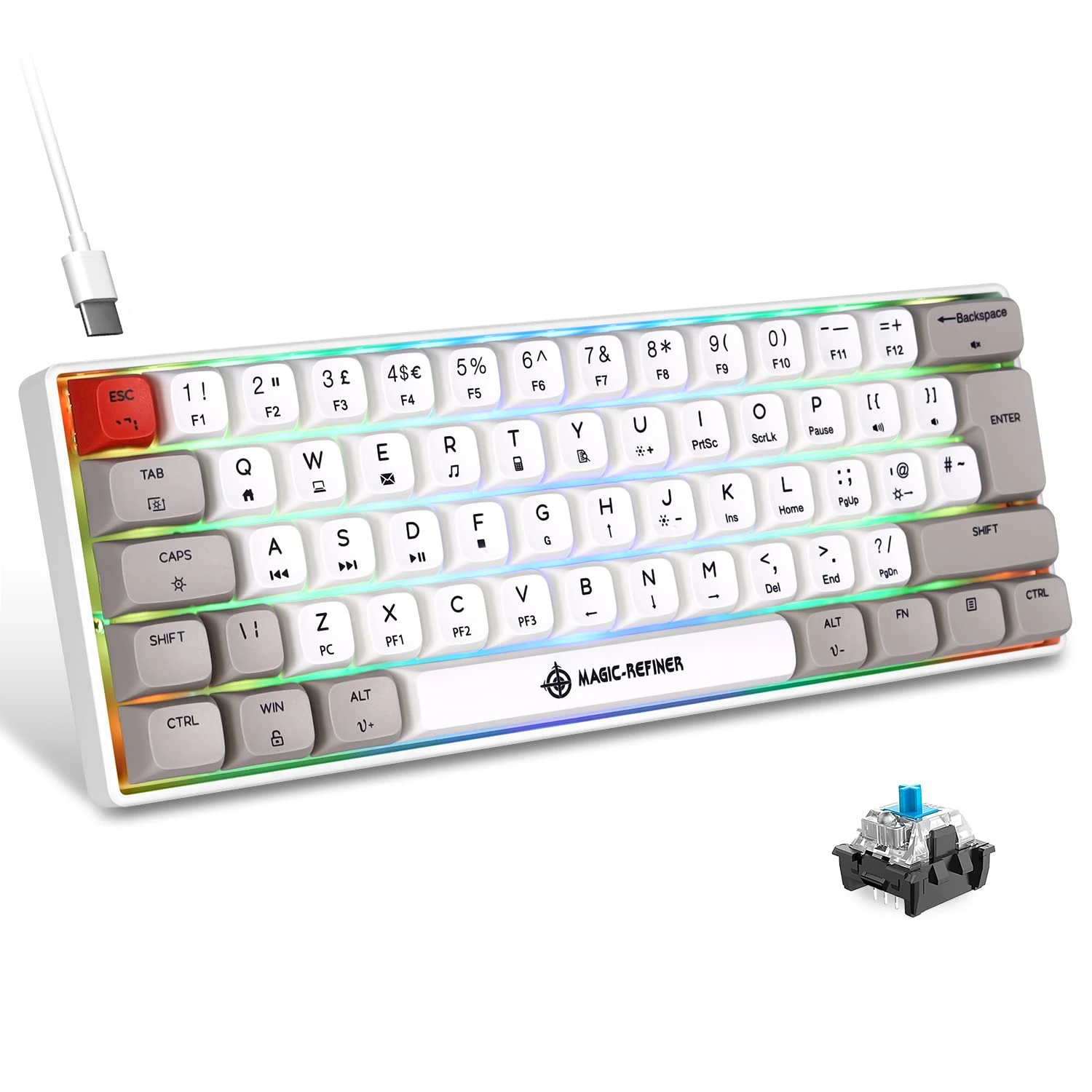 MAGIC-REFINER MK21 60% Percent Mechanical Keyboard UK Layout Compact 62 Key Mechanical Gaming Keyboard Light up RGB Backlit USB C Gaming keyboard Compatible with PC, Laptop, PS4, PS5 - Blue Switch