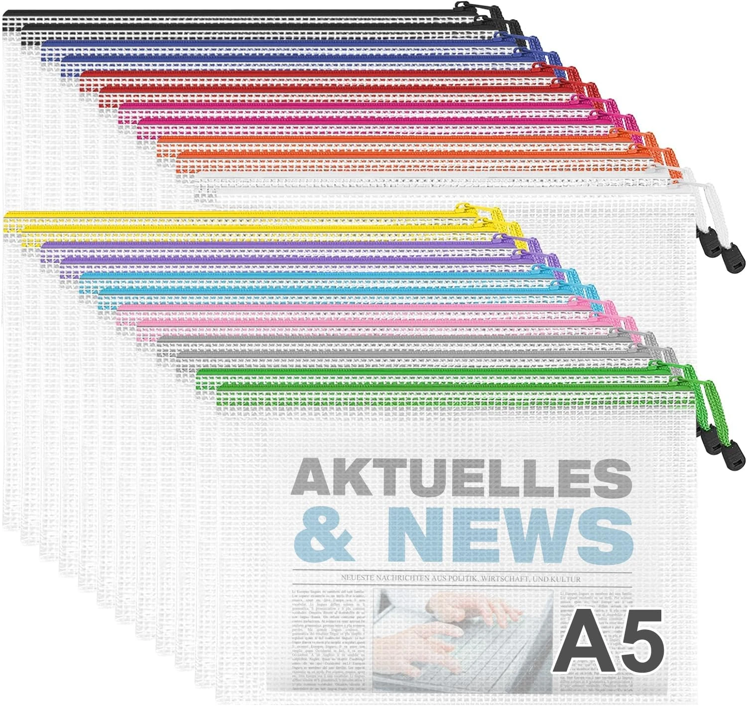 Newthinking A5 Zip Plastic Wallets, 24 PCS Mesh Zipper File Folders Lock Bags, Waterproof Document Storage Bags for School Office Travel Receipts Storage