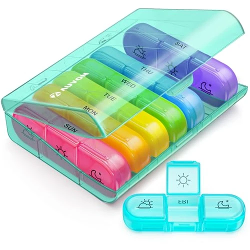 AUVON Weekly Pill Box Organiser 3-Times-A-Day, Portable 7 Day Tablet Boxes with Large Separate Compartments to Hold Medication, Vitamins, Fish Oil and Supplements (Cyan)