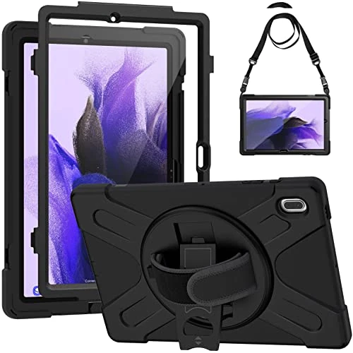 Gerutek for Samsung Galaxy Tab S7 FE/ S8 Plus/ S7 Plus 12.4 inch Case with Screen Protector, Shockproof Rugged Case with [Pen Holder][360 Rotating Kickstand & Hand/Shoulder Strap] for Galaxy Tab S7 FE